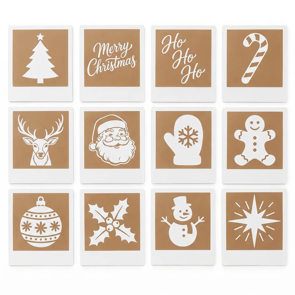 The 12 reusable Christmas stencil cards included