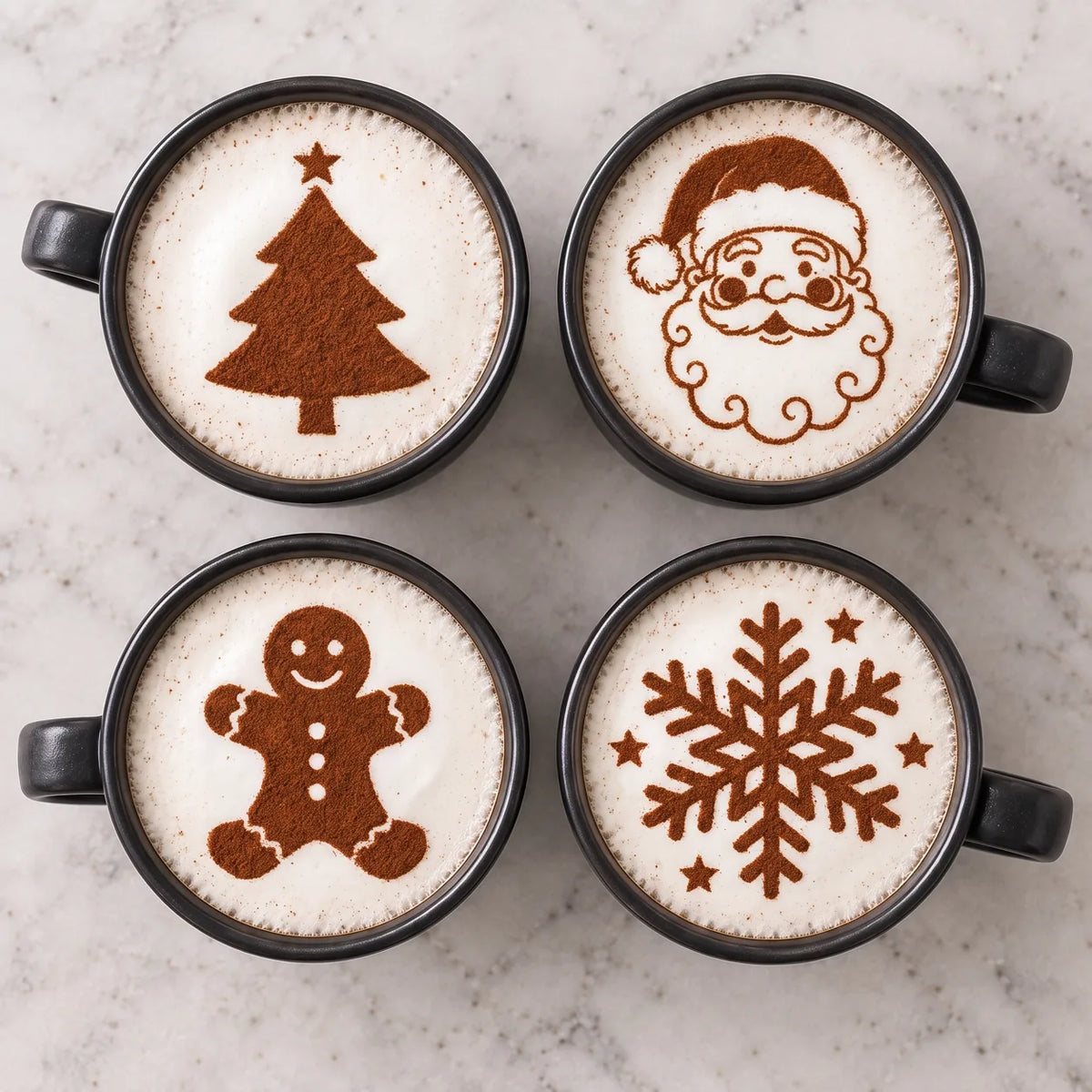 Four coffees with a tree, Santa, gingerbread man and snowflake