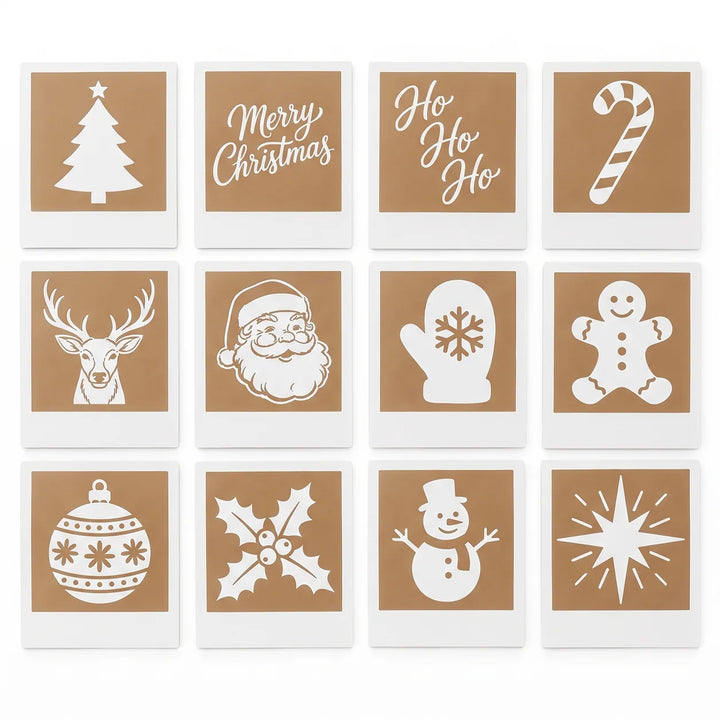 The 12 reusable Christmas stencil cards included