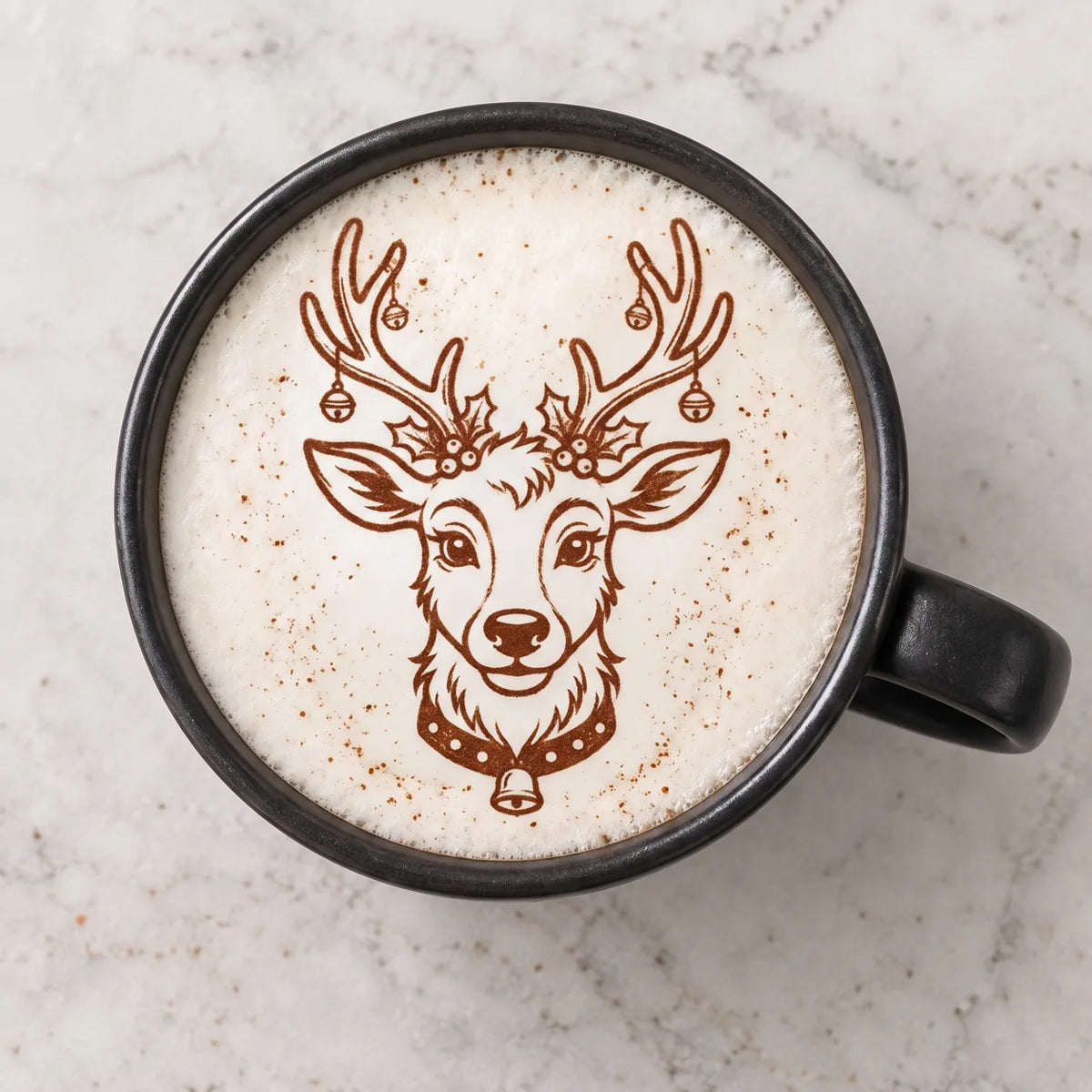 Reindeer latte art dusted on a cappuccino with Brewcam