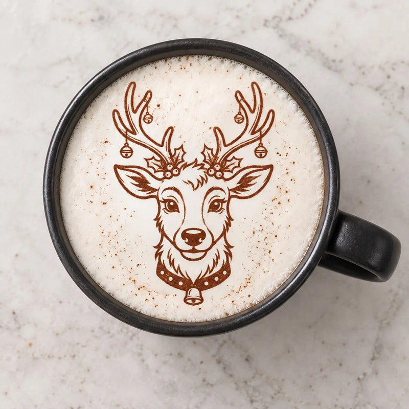 Reindeer latte art dusted on a cappuccino with Brewcam