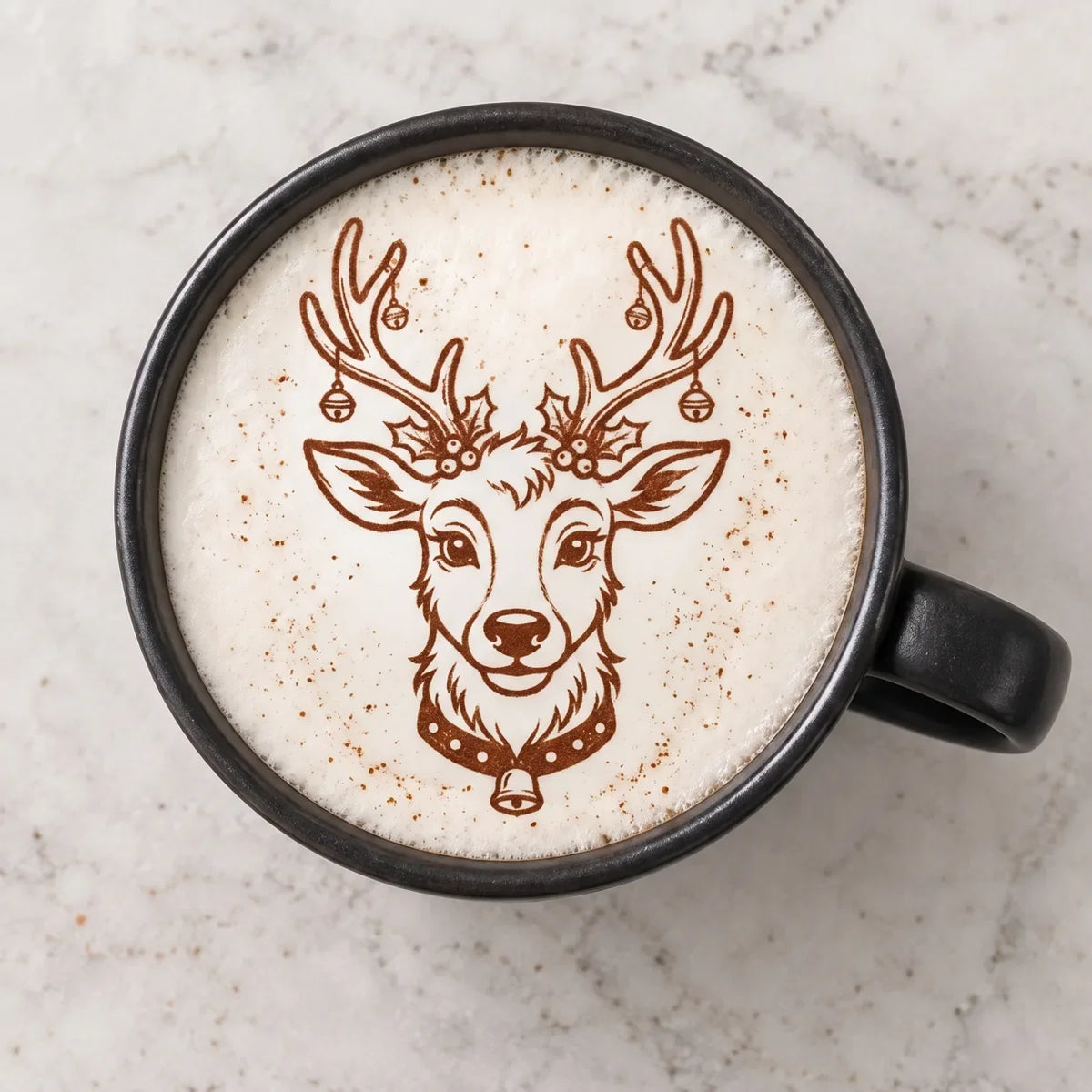 Reindeer latte art dusted on a cappuccino with Brewcam