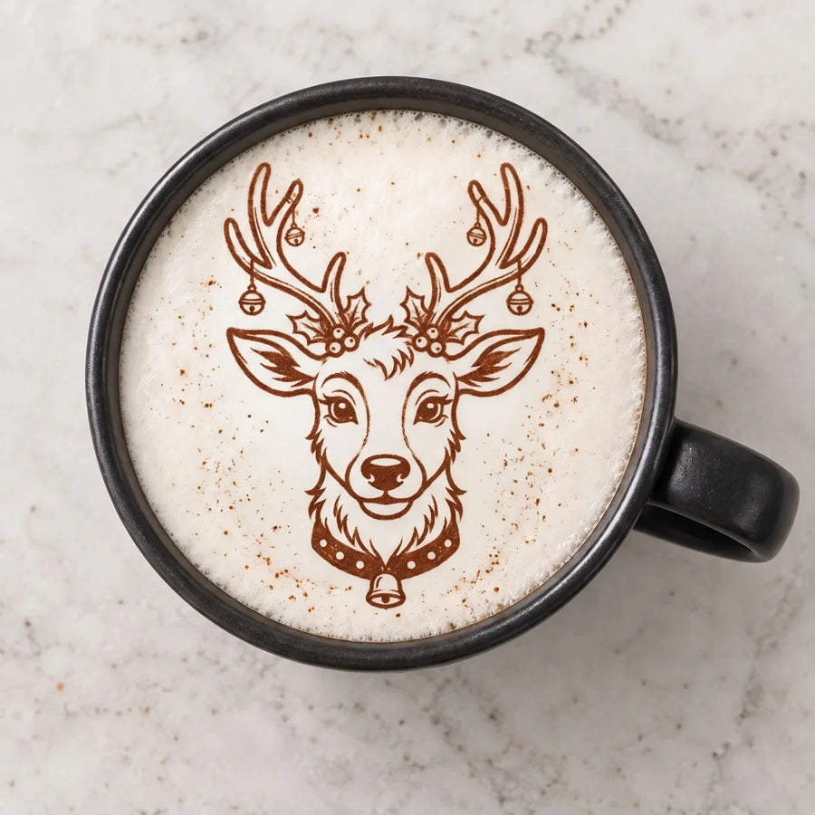 Reindeer latte art dusted on a cappuccino with Brewcam